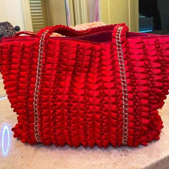 LOVE MOSCHINO RED SATIN RUFFLE HAND BAG - Picture 1 of 10